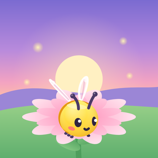 Buzz Buzz, a round yellow bee, smiling in front of a pink flower in a sunny sky