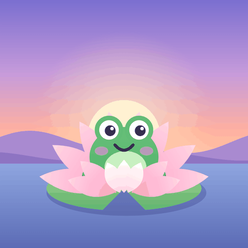 A round green frog sitting on a pink lily flower in a sunset pond