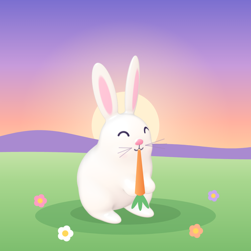 A round white bunny holding a carrot in a sunset meadow