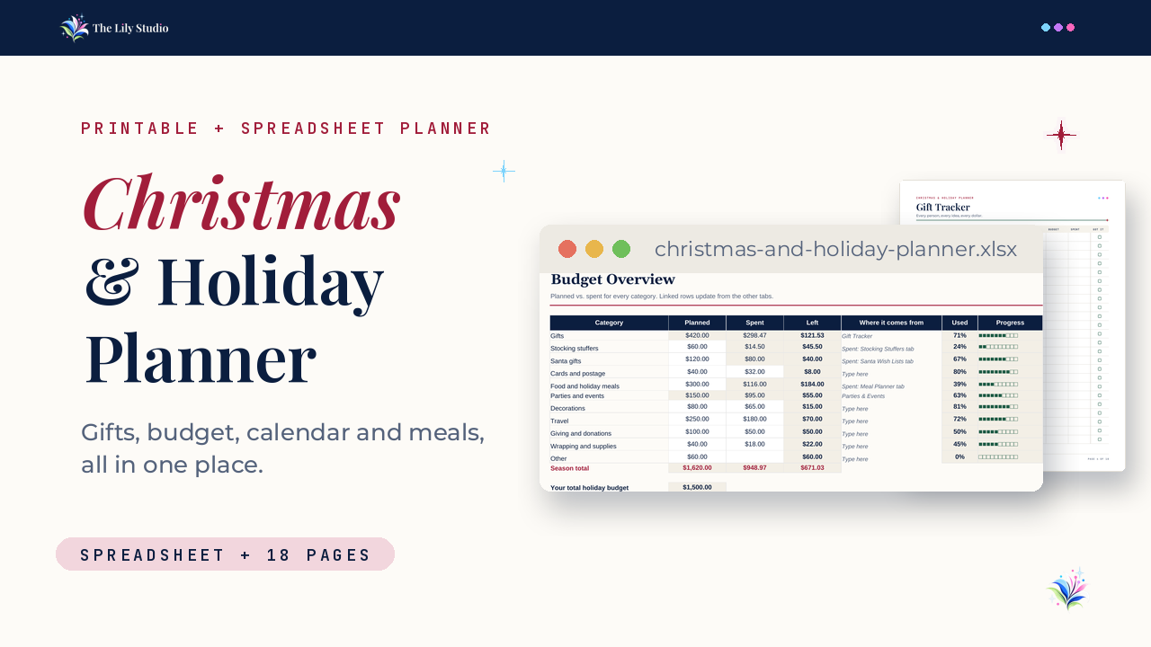 Christmas and Holiday Planner by The Lily Studio, showing the Budget Overview spreadsheet and a printable Gift Tracker page.