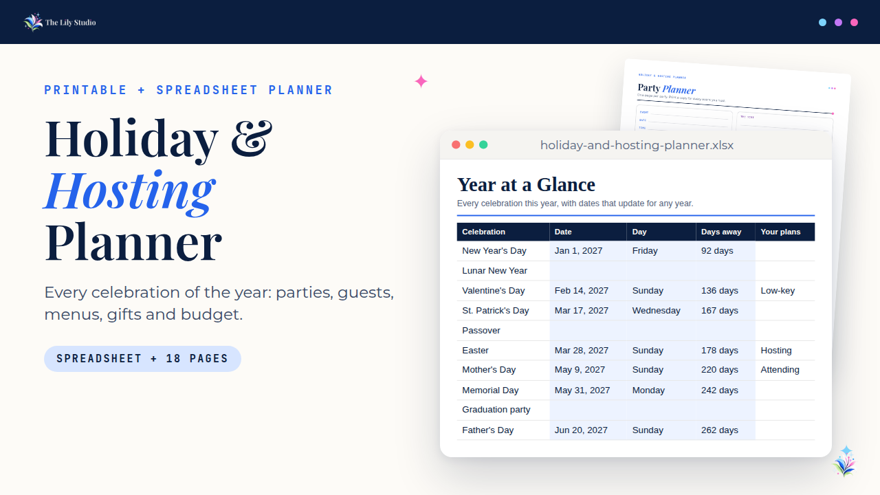 Holiday and Hosting Planner by The Lily Studio, showing the Year at a Glance spreadsheet with holiday dates and a printable Party Planner page.