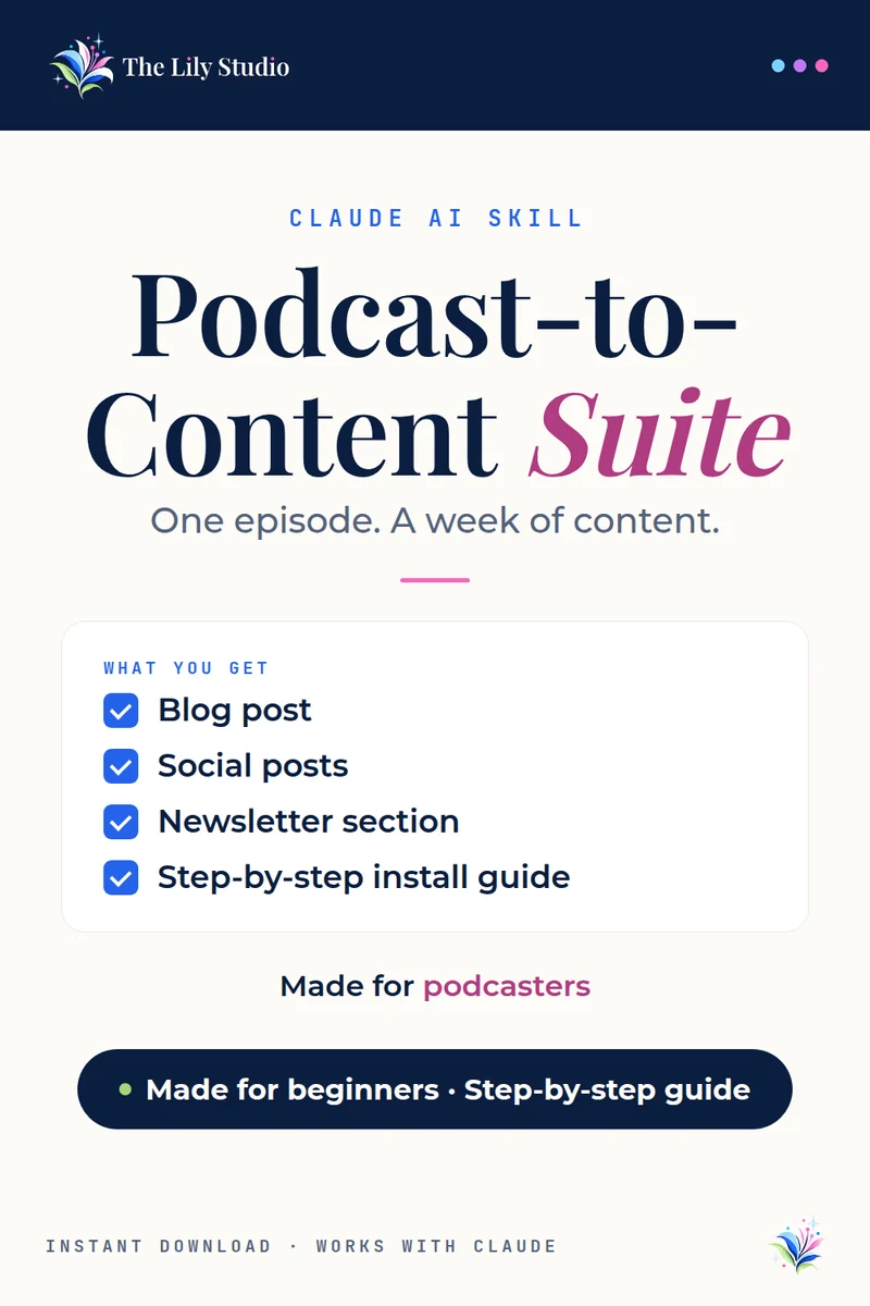 Podcast-to-Content Suite: Your podcast is already a content machine — this skill unlocks it.